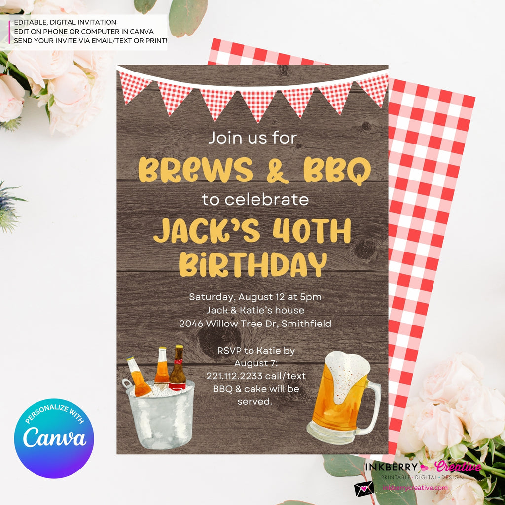 Brews & BBQ Backyard Cookout, Barbecue Theme Birthday Party or Shower Invitation - Personalize and Edit in Canva