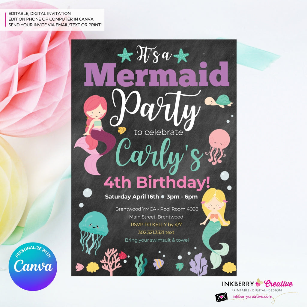 Mermaid Party Invitation - Chalkboard, Ocean Animals, Mermaids, Jelly Fish, Star Fish, Shells - Printable Instant Download, Edit in Canva