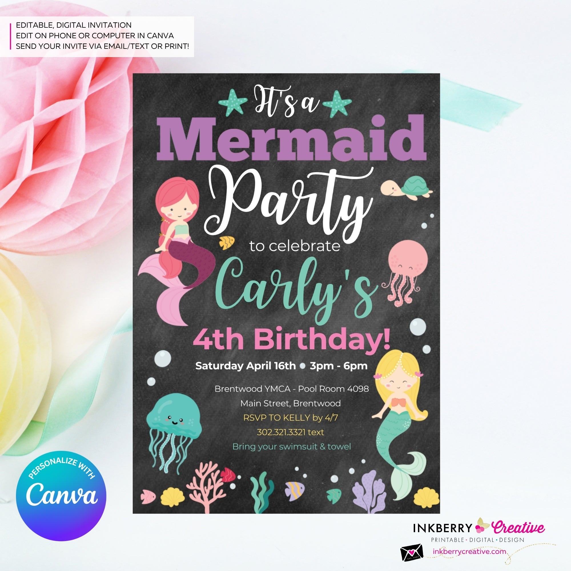 Mermaid Party Invitation - Chalkboard, Ocean Animals, Mermaids, Jelly Fish, Star Fish, Shells - Printable Instant Download, Edit in Canva