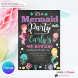 Mermaid Party Invitation - Chalkboard, Ocean Animals, Mermaids, Jelly Fish, Star Fish, Shells - Printable Instant Download, Edit in Canva
