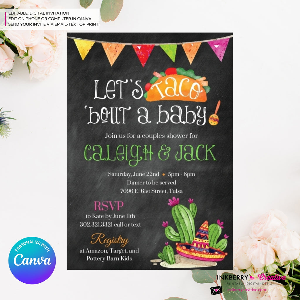 Taco Bout a Baby Shower Invitation, Chalkboard Style w/ Taco, Cactus, Sombrero, Mexican Fiesta Taco Baby Shower, Digital File, Edit in Canva