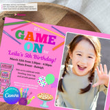 Game On Girls Pink PHOTO Arcade, Pizza, Bowling Birthday Party Digital, Printable Invitation - Edit in Canva