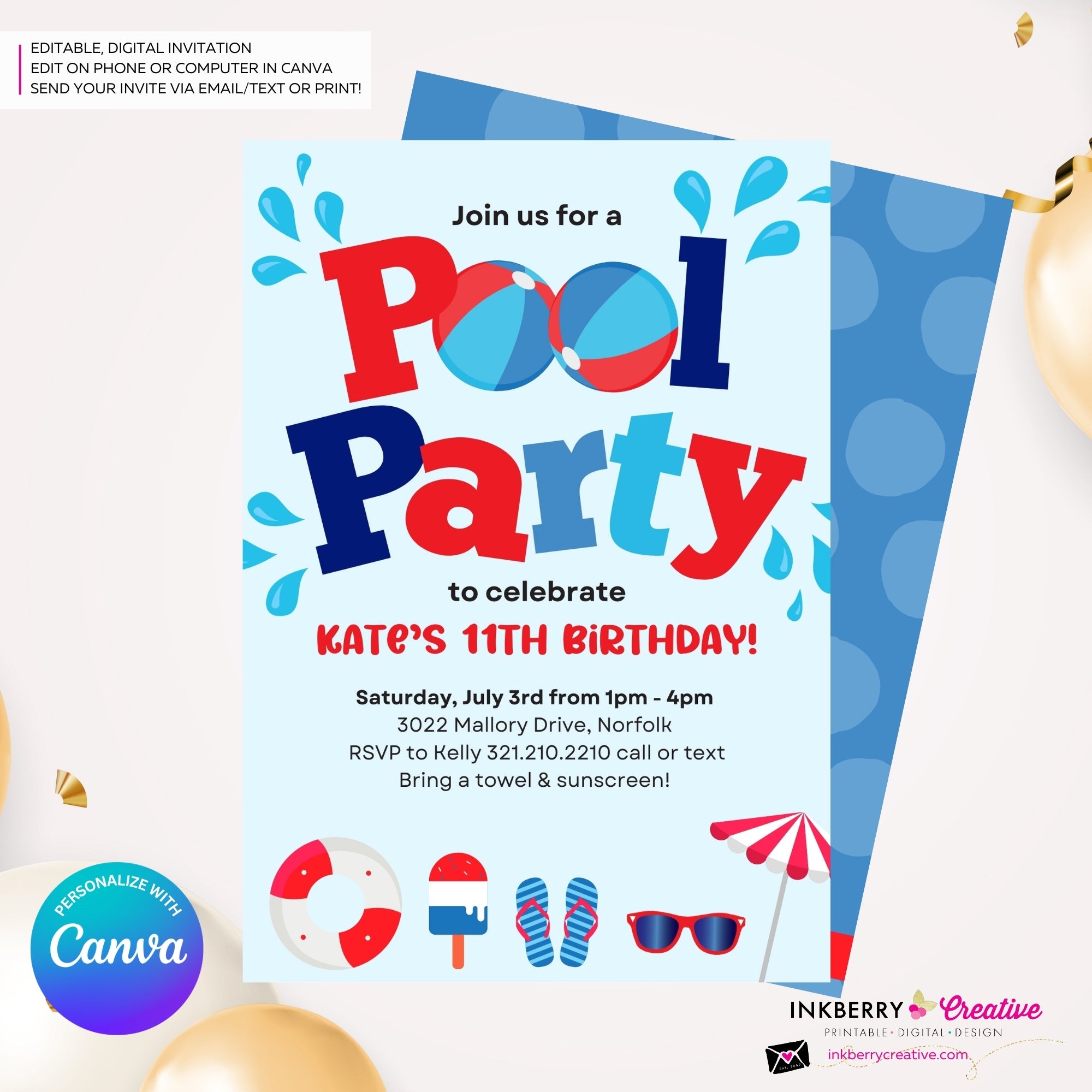 Patriotic Pool Party Invitation - Summer, Patriotic, 4th of July, Memorial Day, Pool Party - Printable, Instant Download, Edit in Canva