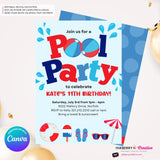 Patriotic Pool Party Invitation - Summer, Patriotic, 4th of July, Memorial Day, Pool Party - Printable, Instant Download, Edit in Canva