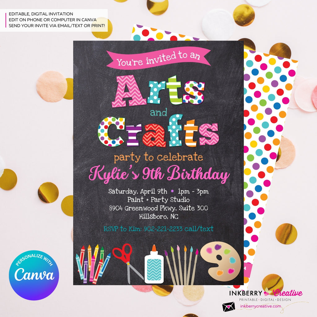 Arts and Crafts Birthday Party Invitation, Chalkboard Style, Kids Arts Crafts Painting Party - Printable, Instant Download, Edit in Canva