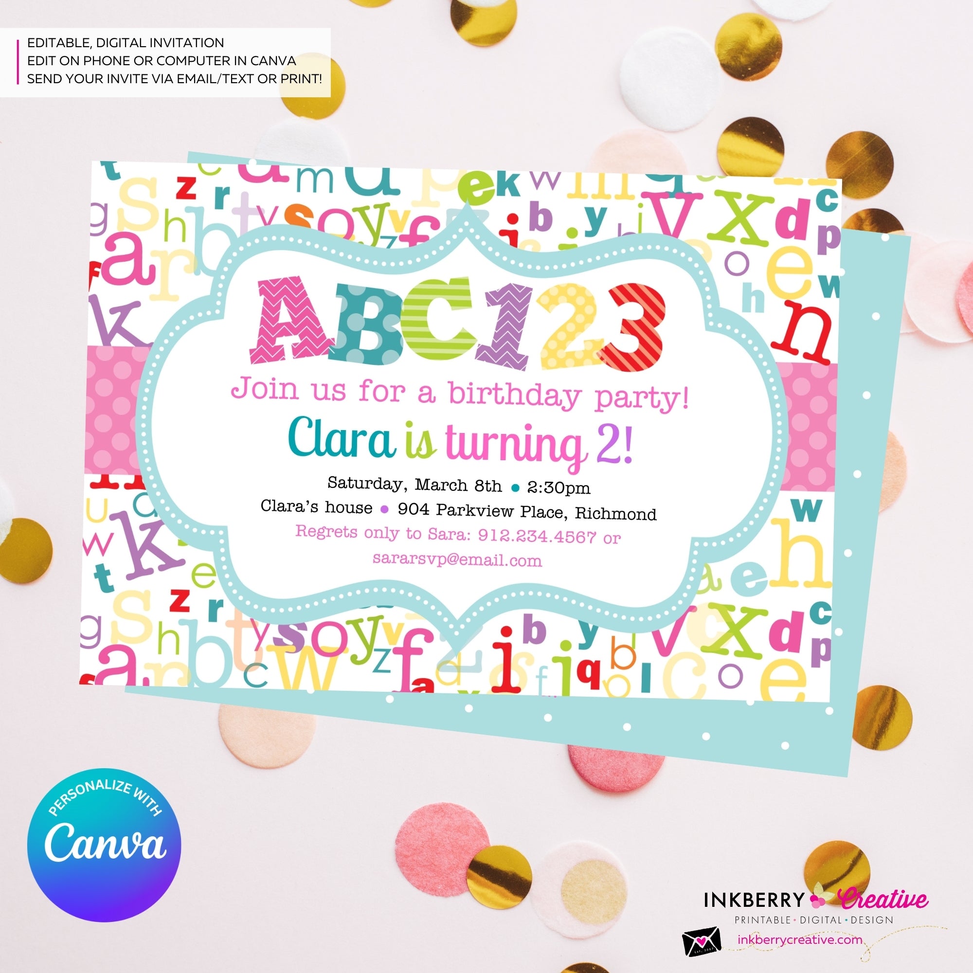 Alphabet Birthday Party Invitation Girls - Alphabet Theme Party Invite - Girl ABC Birthday Party - Personalize and Edit in Canva