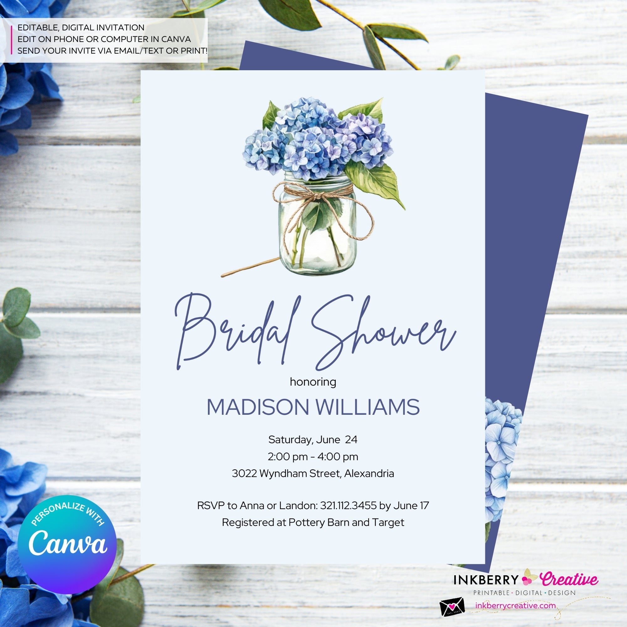 Mason Jar Hydrangea Bridal Shower Invitation, Blue Purple Hydrangea Invite, Wedding Engagement Baby, Digital, Edit and Personalize in Canva