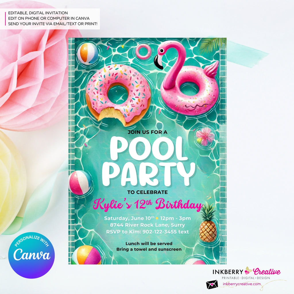 Flamingo Float Pool Party Invitation - Summer Pool Party - Printable, Instant Download, Editable in Canva