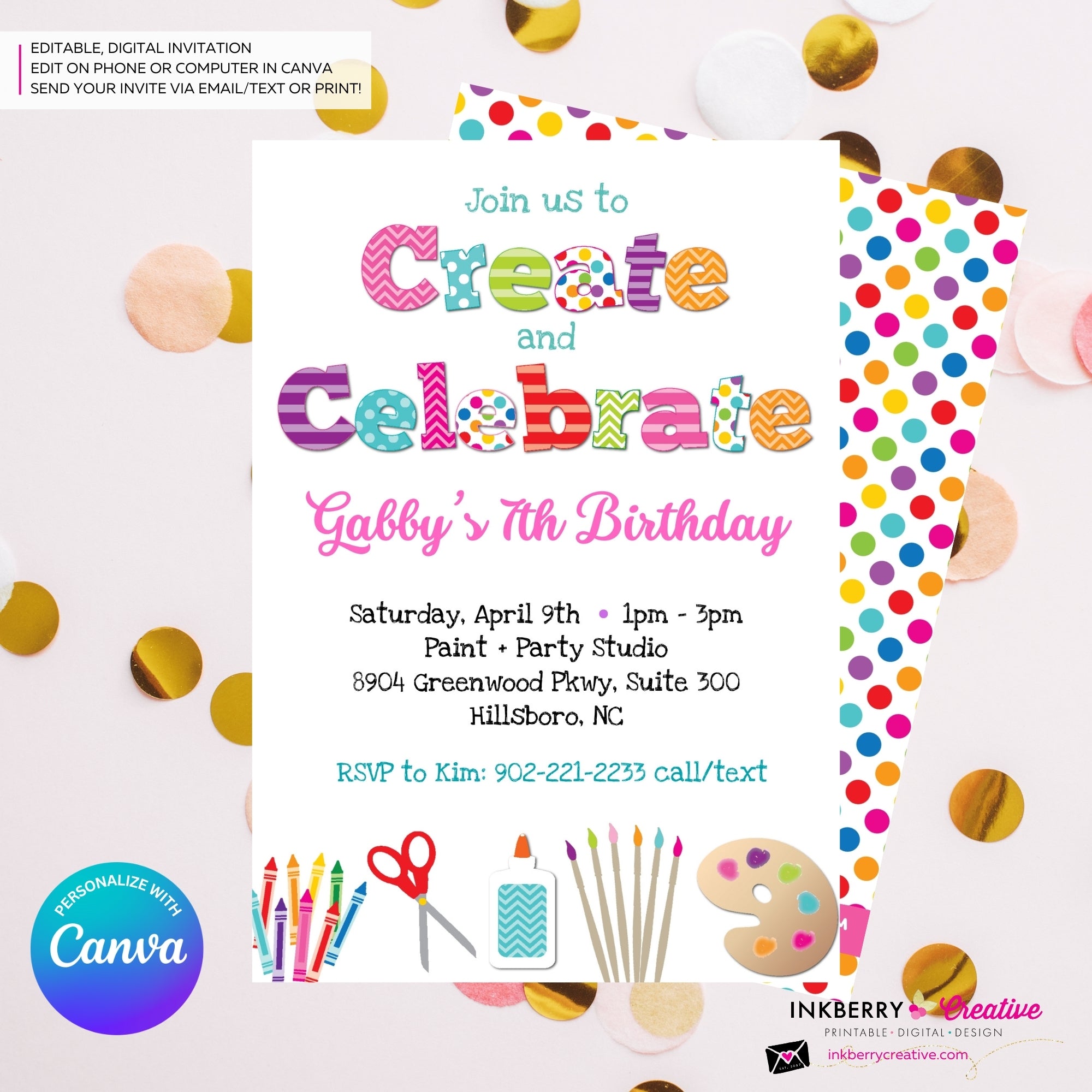 Create and Celebrate - Arts and Crafts Birthday Party Invitation, Kids Arts Crafts Painting Party - Printable, Instant Download, Edit in Canva
