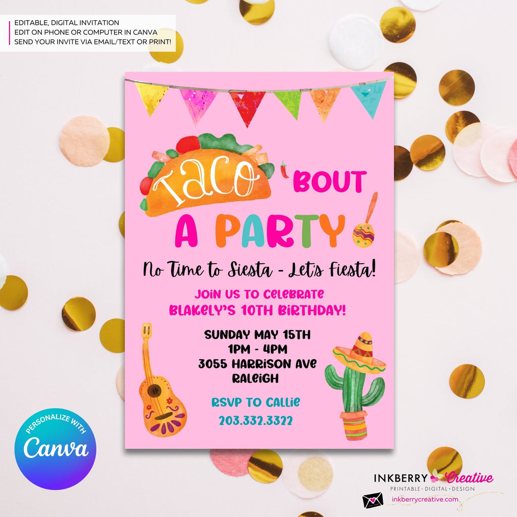 Taco Bout a Party Invitation (PINK) Mexican Fiesta, Canva Template (Digital Printable File)