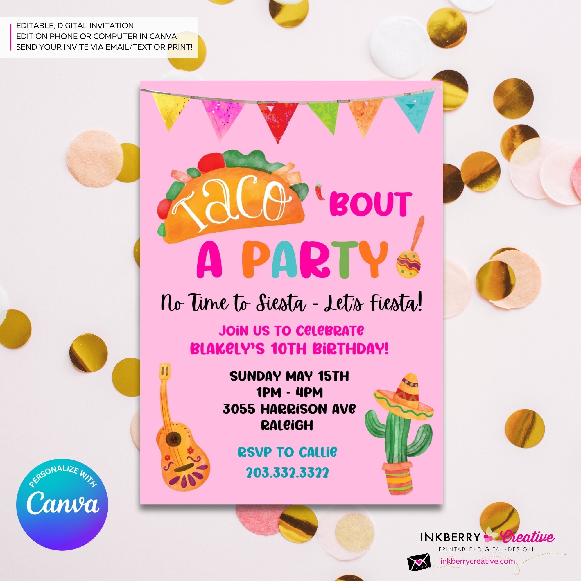 Taco Bout a Party Invitation (PINK) Mexican Fiesta, Canva Template (Digital Printable File)