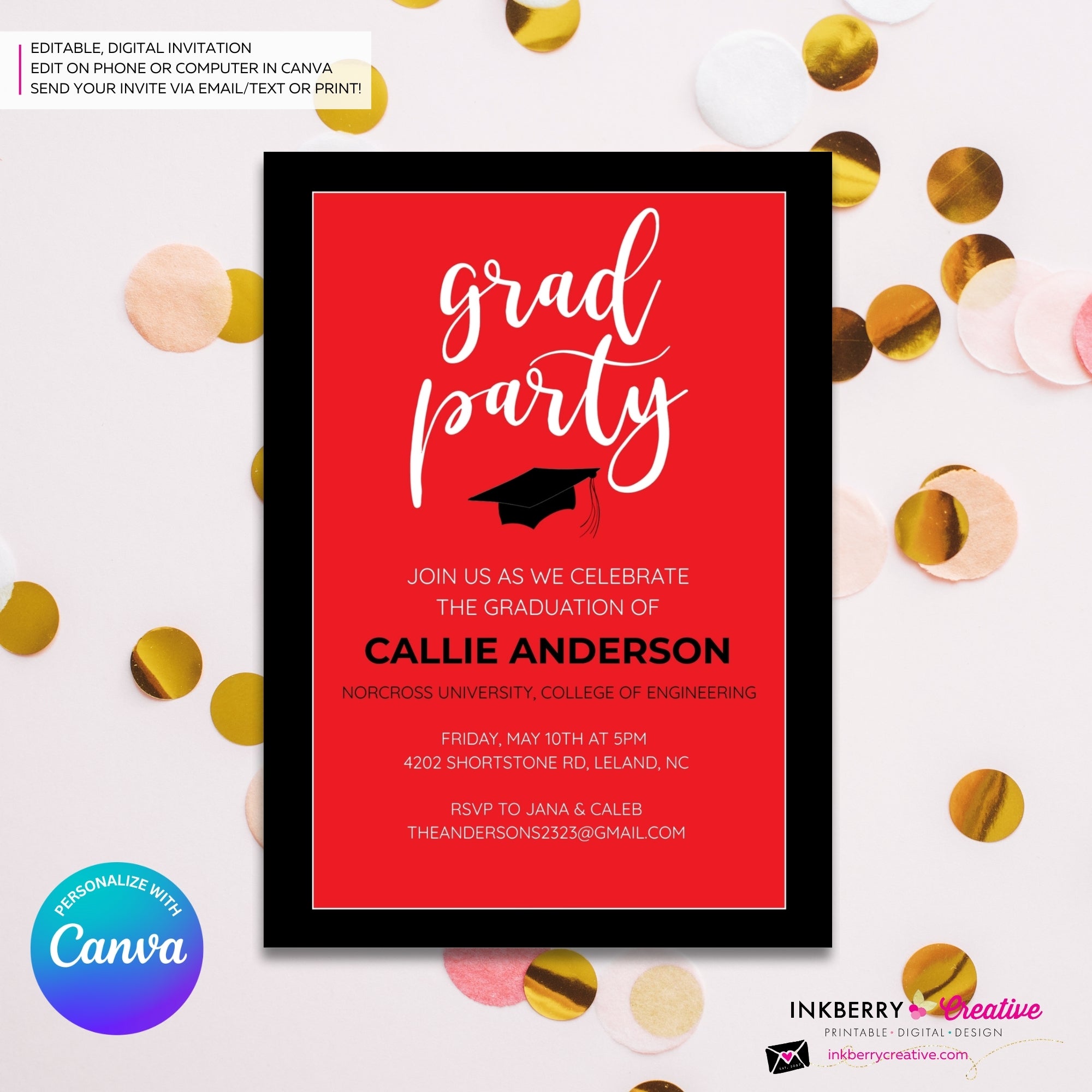 Grad Party Color Block Script - Custom Color Graduation Invitation or Announcement - Editable in Canva