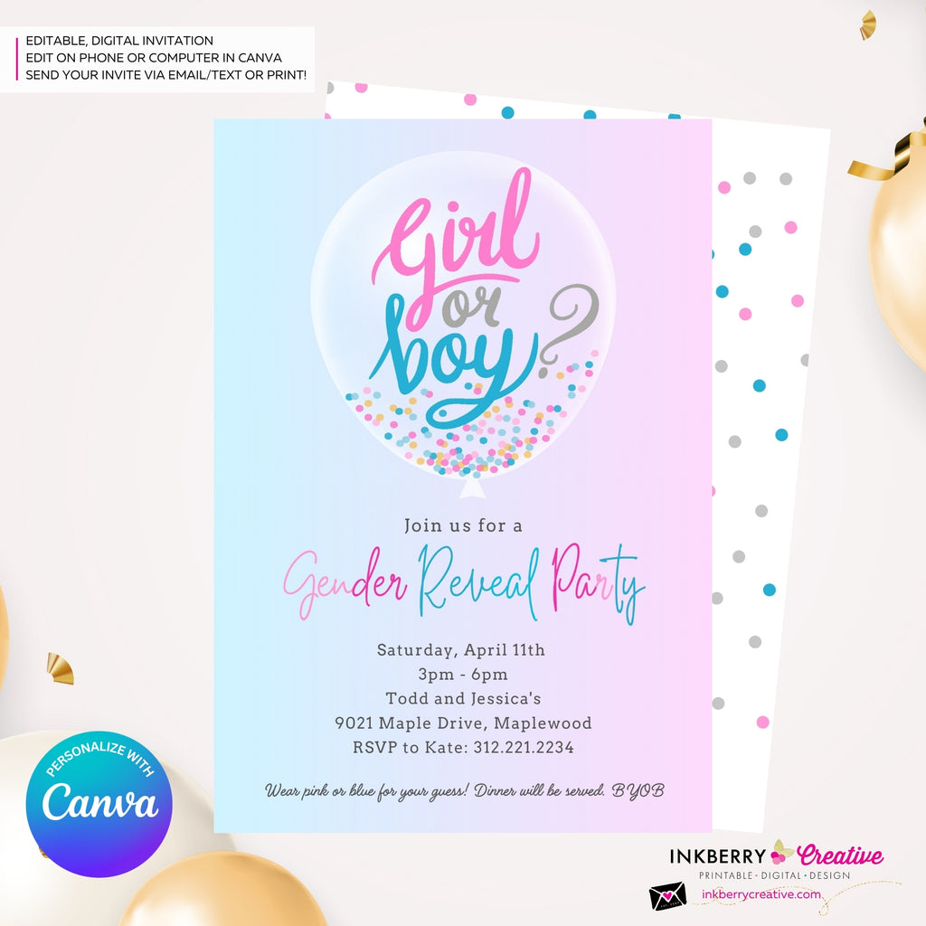Pink Blue Confetti Balloon Gender Reveal Party Invitation, Printable, Digital, Instant Download, Edit in Canva