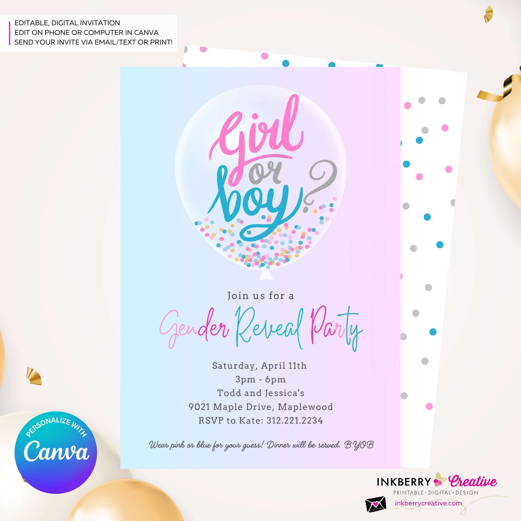 Pink Blue Confetti Balloon Gender Reveal Party Invitation, Printable, Digital, Instant Download, Edit in Canva
