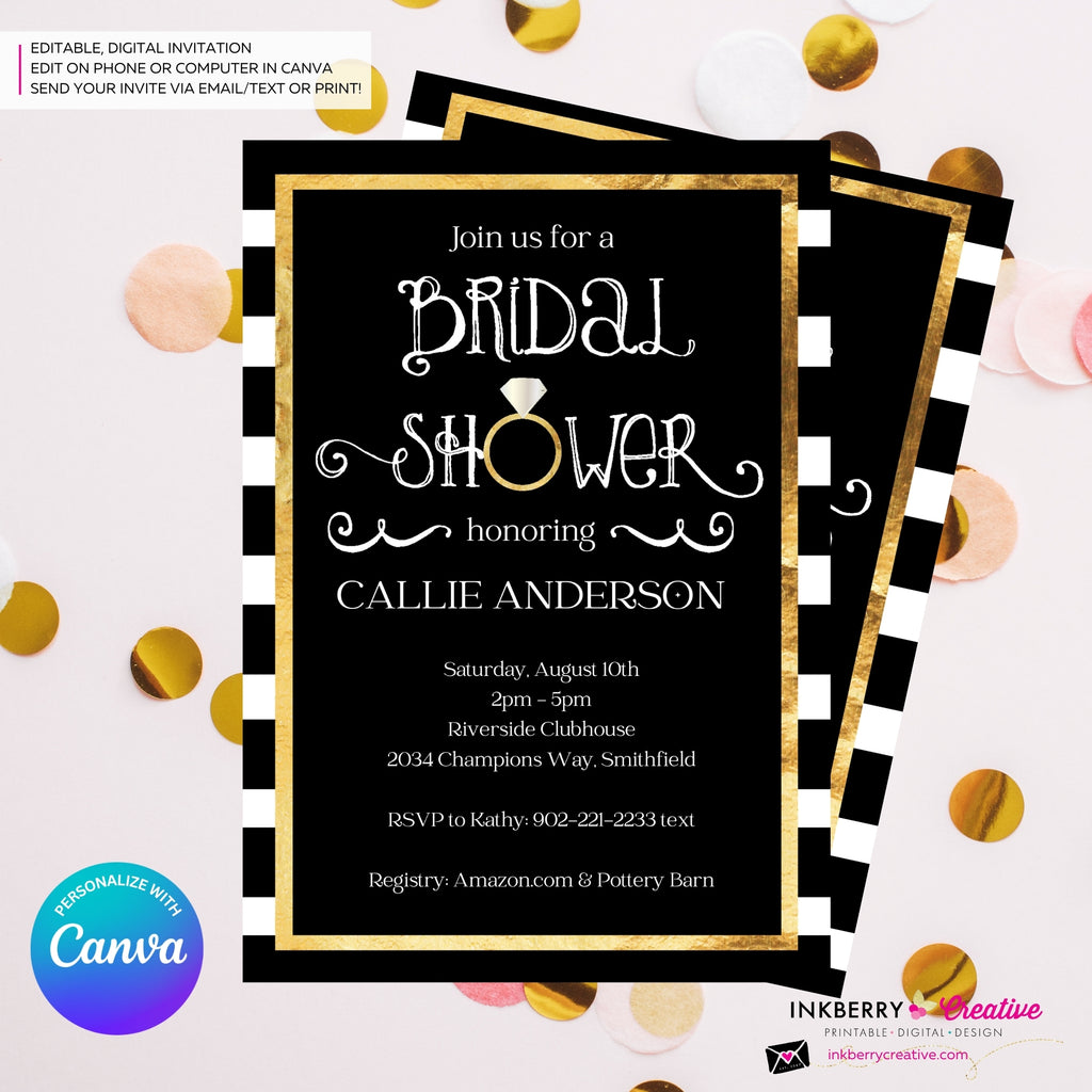 Black White and Gold Ring Bridal Shower Invitation- Digital, Printable File, Personalize and Edit in Canva