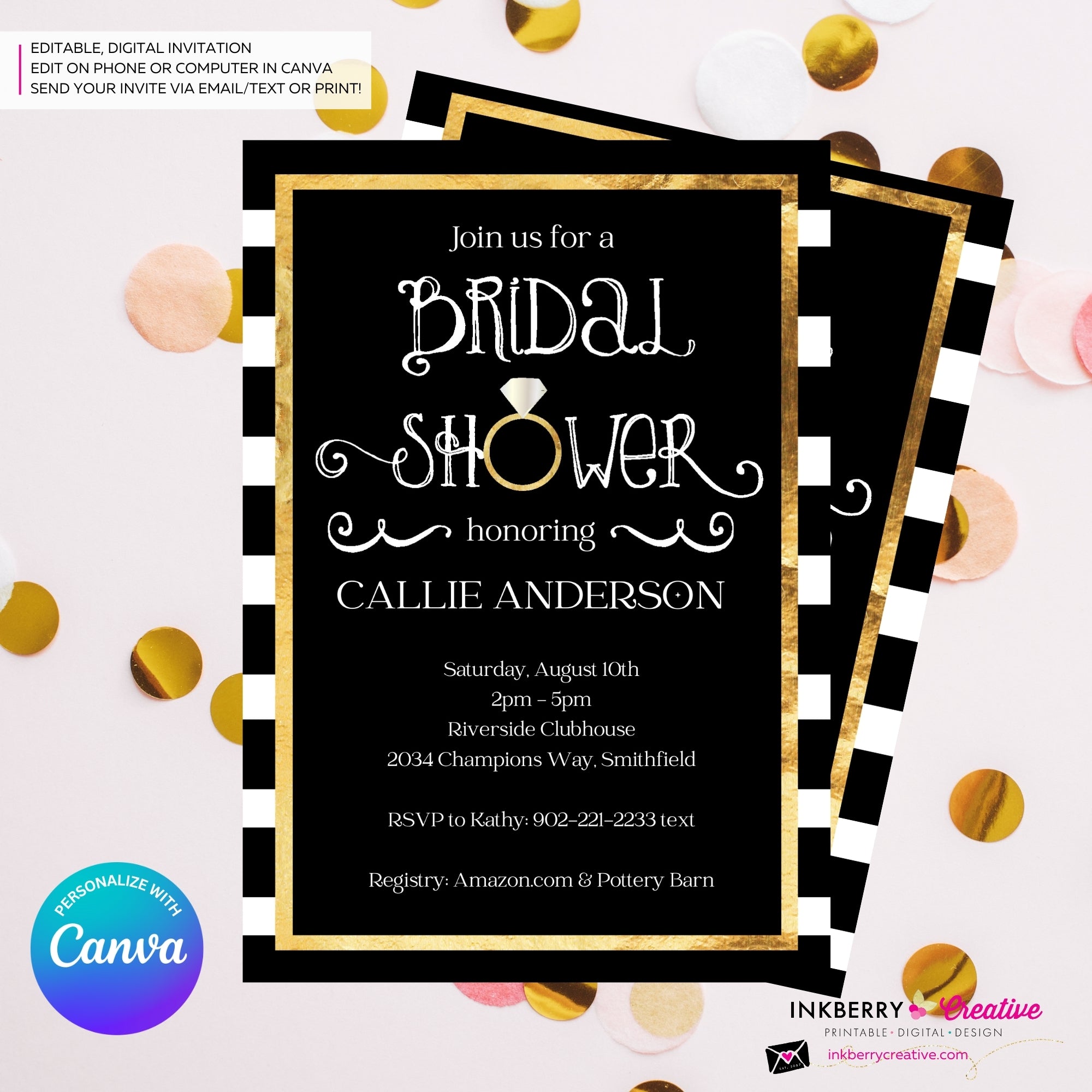 Black White and Gold Ring Bridal Shower Invitation- Digital, Printable File, Personalize and Edit in Canva