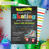 Editable Roller Skating Birthday Party Invitation - Boys Roller Skate Party Invite, Chalkboard, Roller Skating Rink Invite, Edit in Canva