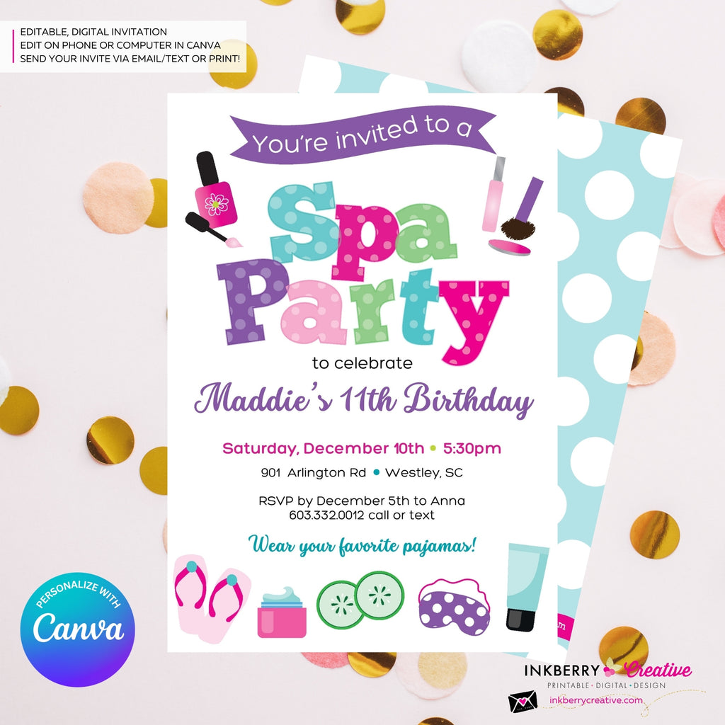 Spa Birthday Party Invitation - Printable, Instant Download, Edit in Canva