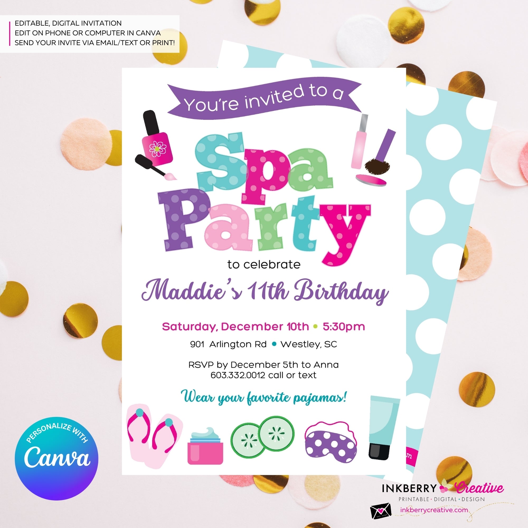Spa Birthday Party Invitation - Printable, Instant Download, Edit in Canva