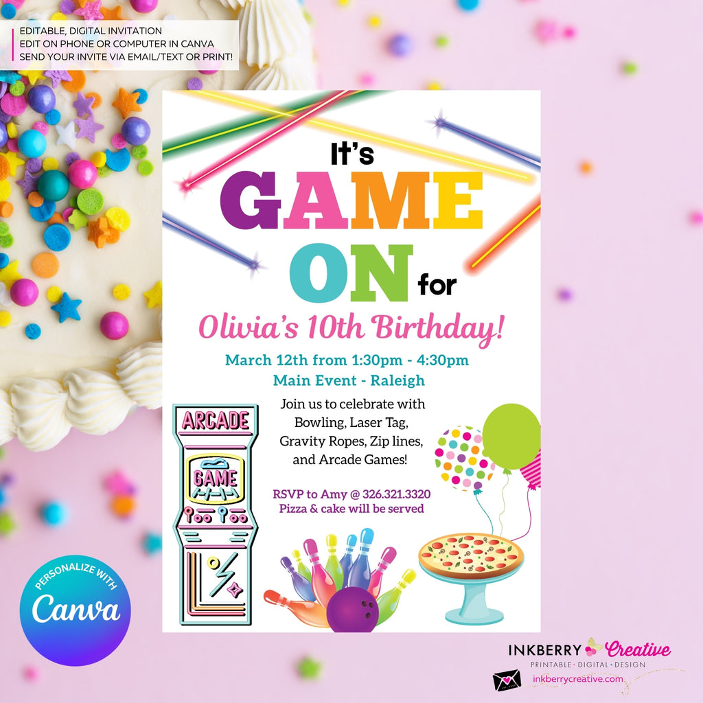 Game On - Arcade Games, Pizza, Bowling, Birthday Party Invitation - Girls Arcade Pizza Party - Printable, Instant Download, Edit in Canva
