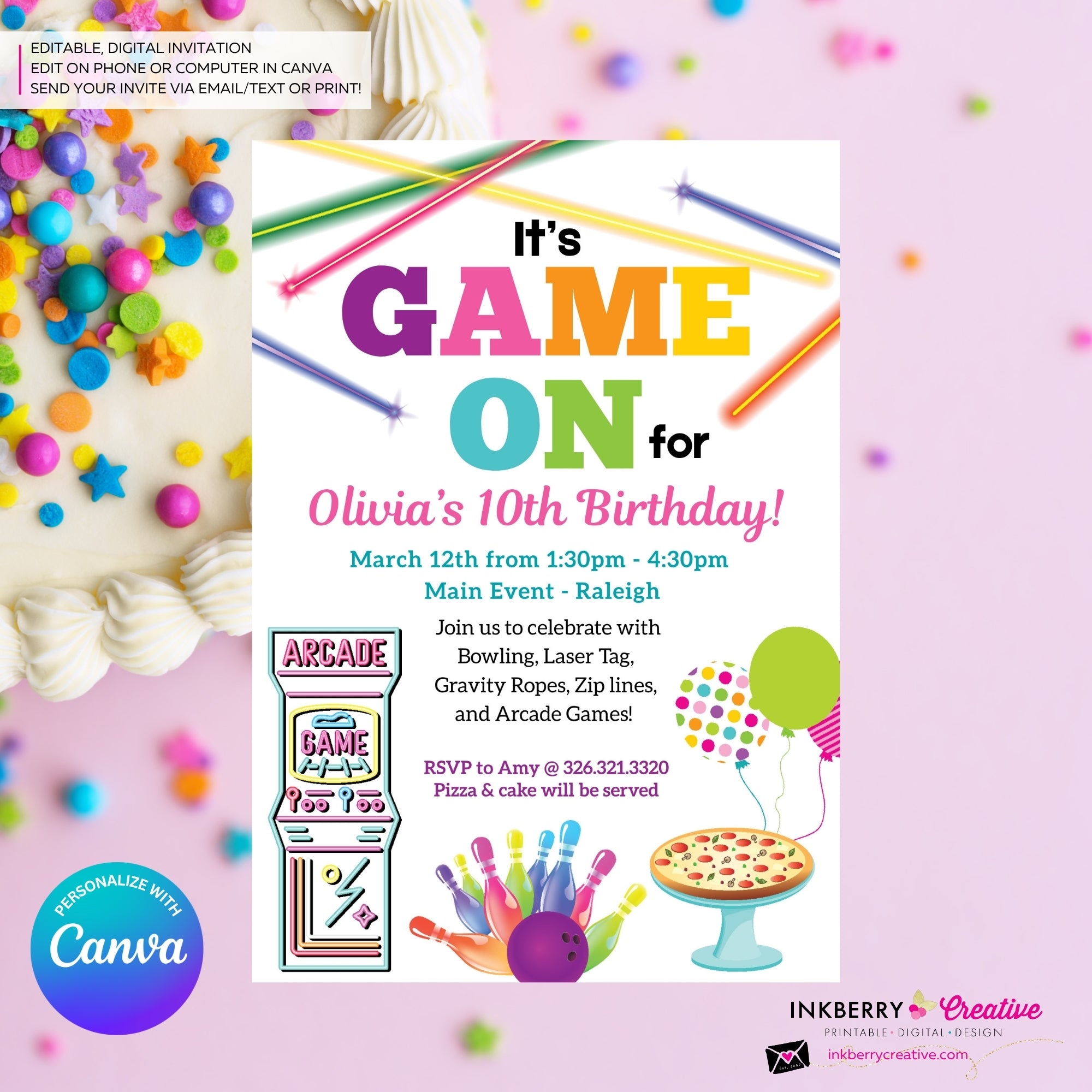 Game On - Arcade Games, Pizza, Bowling, Birthday Party Invitation - Girls Arcade Pizza Party - Printable, Instant Download, Edit in Canva