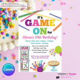 Game On - Arcade Games, Pizza, Bowling, Birthday Party Invitation - Girls Arcade Pizza Party - Printable, Instant Download, Edit in Canva