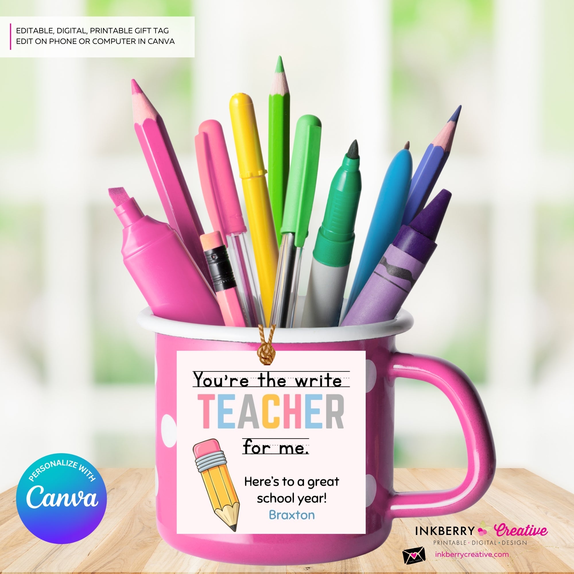 Teacher Gift Tags, Write Teacher For Me, Teacher Appreciation 2 inch square gift tag, Instant Download, Editable, Printable - Edit in Canva