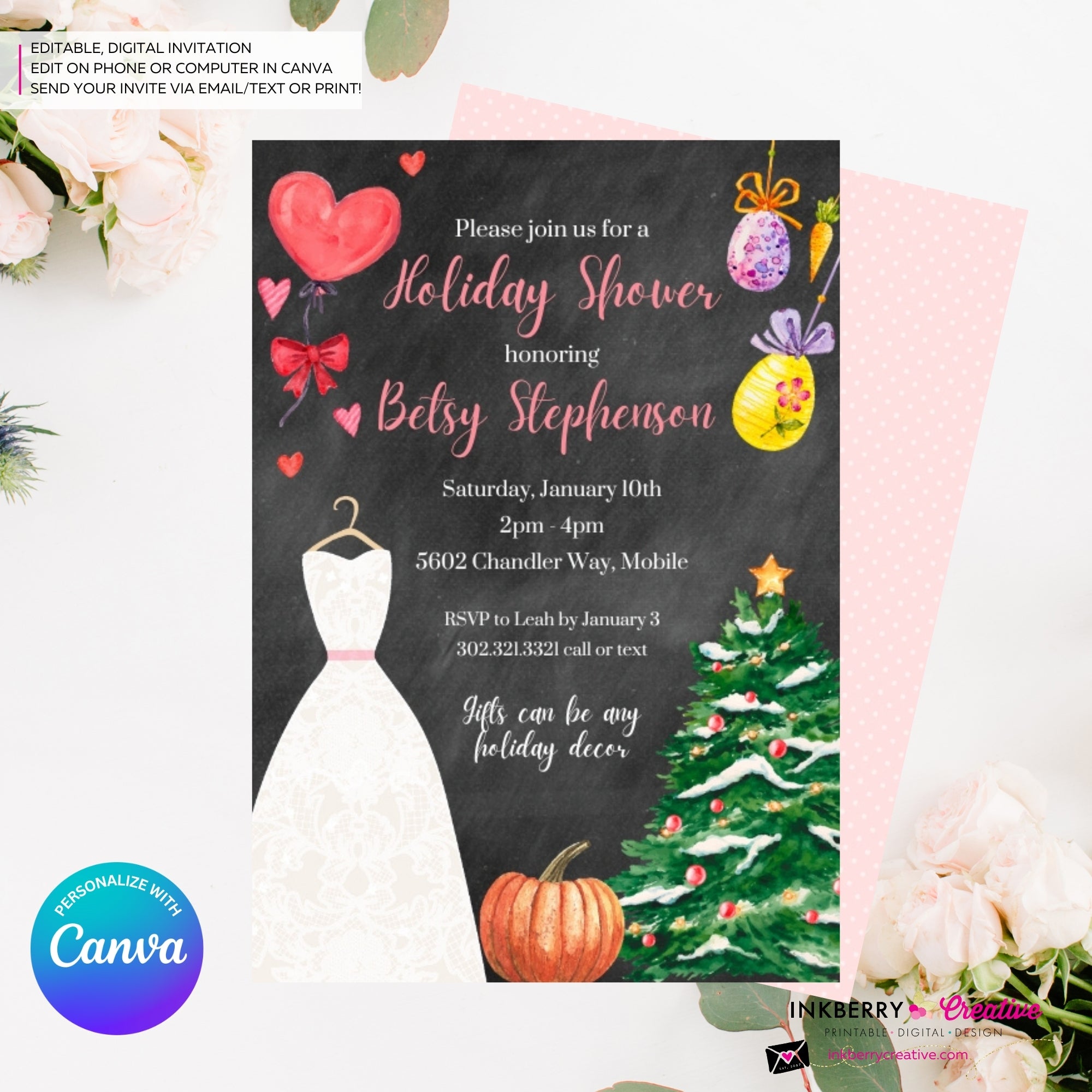 Holiday Theme Bridal Shower Invitation, Digital Printable File, Personalize and Edit in Canva