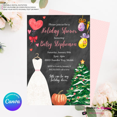 Holiday Theme Bridal Shower Invitation, Digital Printable File, Personalize and Edit in Canva
