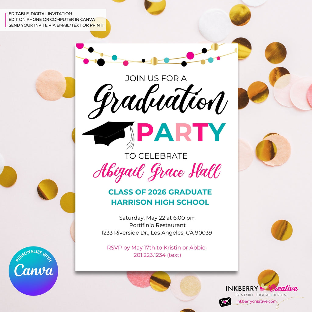 Colorful Graduation Garland Party Invitation - Photo Back - Editable in Canva