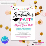 Colorful Graduation Garland Party Invitation - Photo Back - Editable in Canva