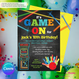 Game On - Arcade Games, Laser Tag, Bowling Birthday Party Invitation - Boys Arcade Game Party - Printable, Instant Download, Edit in Canva