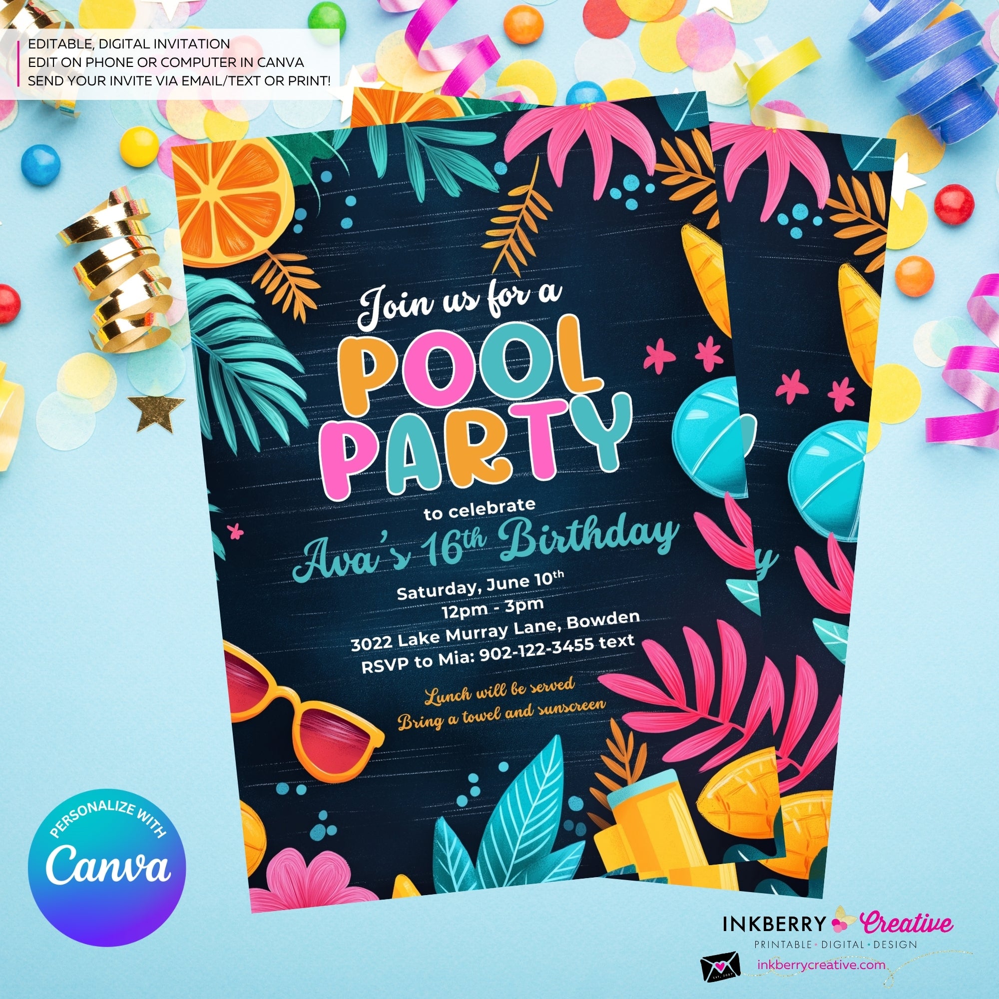 Citrus Summer Pool Party Invitation (Blue) - Summer Pool Party - Personalize and Edit in Canva