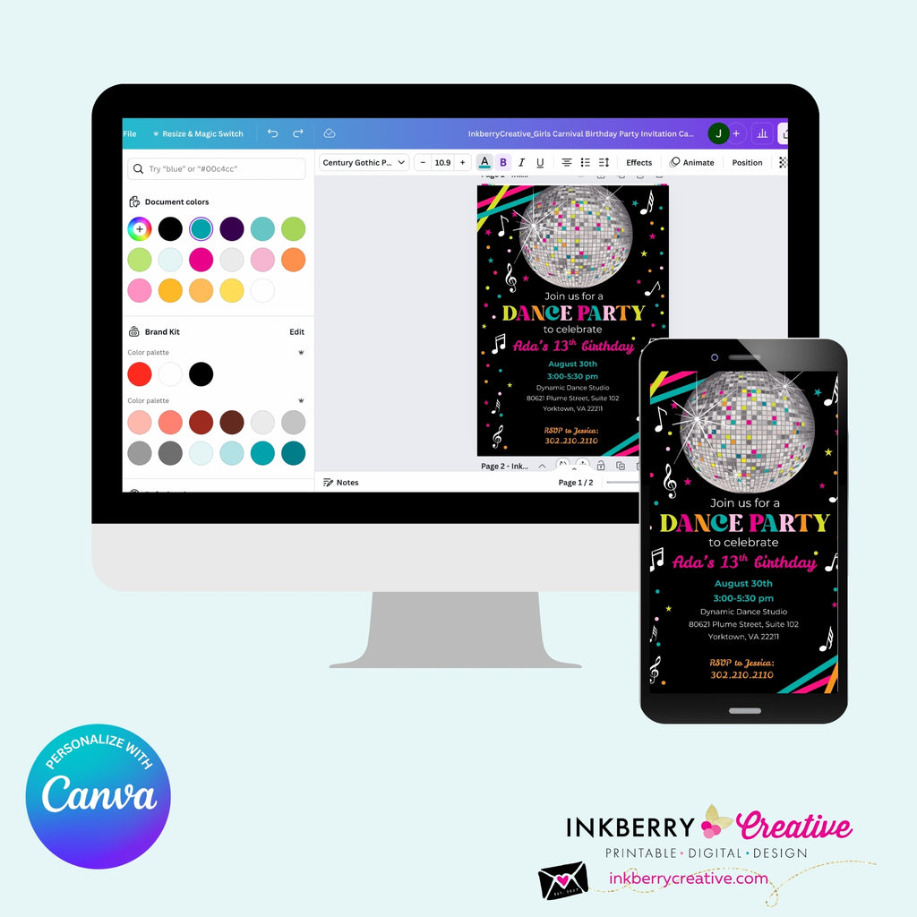 Neon Glow Dance Party Invitation (Black) with Disco Ball - Printable, Instant Download, Edit in Canva