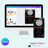 Neon Glow Dance Party Invitation (Black) with Disco Ball - Printable, Instant Download, Edit in Canva