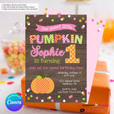Pumpkin First Birthday (Girls) Woodgrain, Confetti Party Invitation - Printable, Edit in Canva