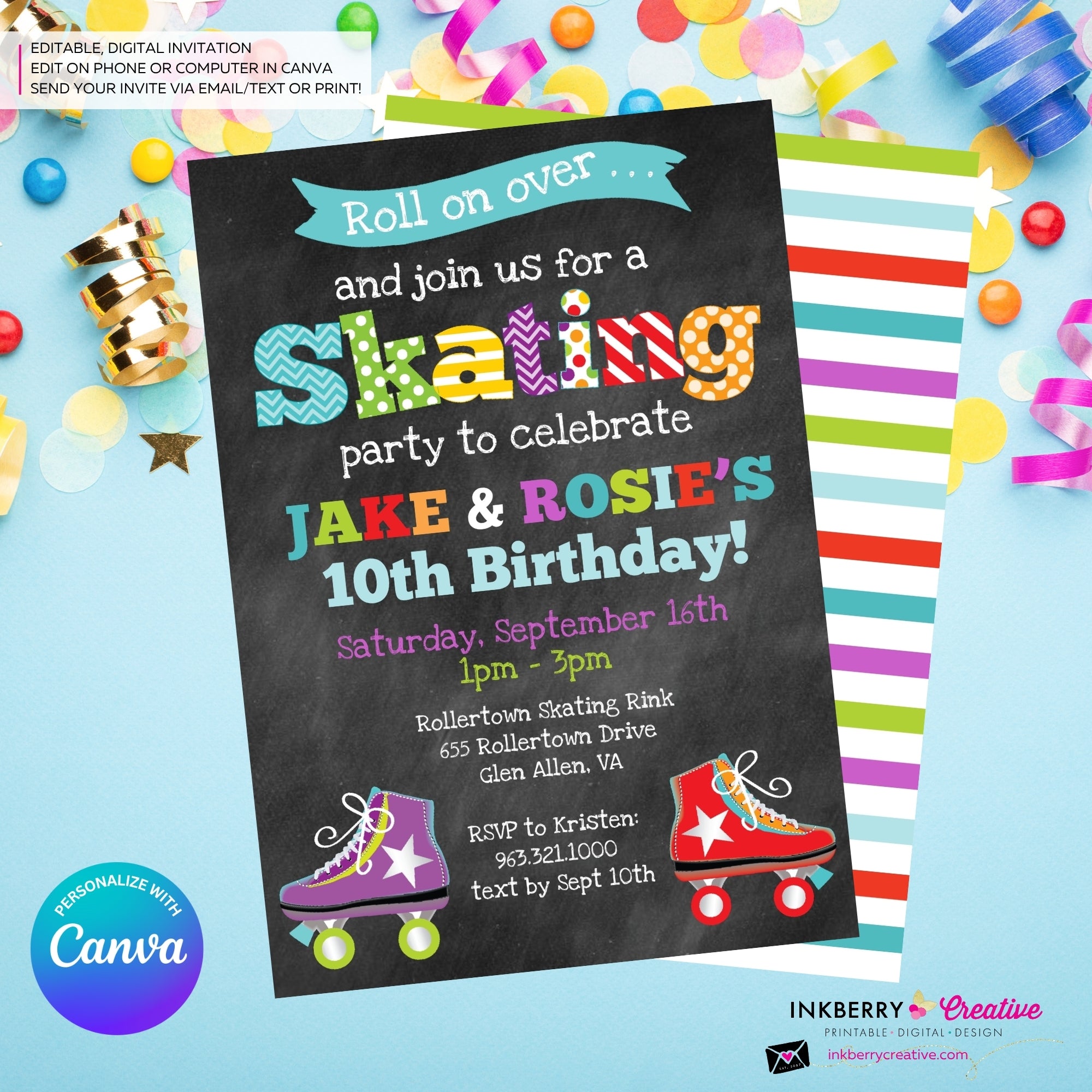 Editable Roller Skating Birthday Party Invitation, Boy Girl Roller Skate Party Invite, Chalkboard, Roller Skating Rink Invite, Edit in Canva