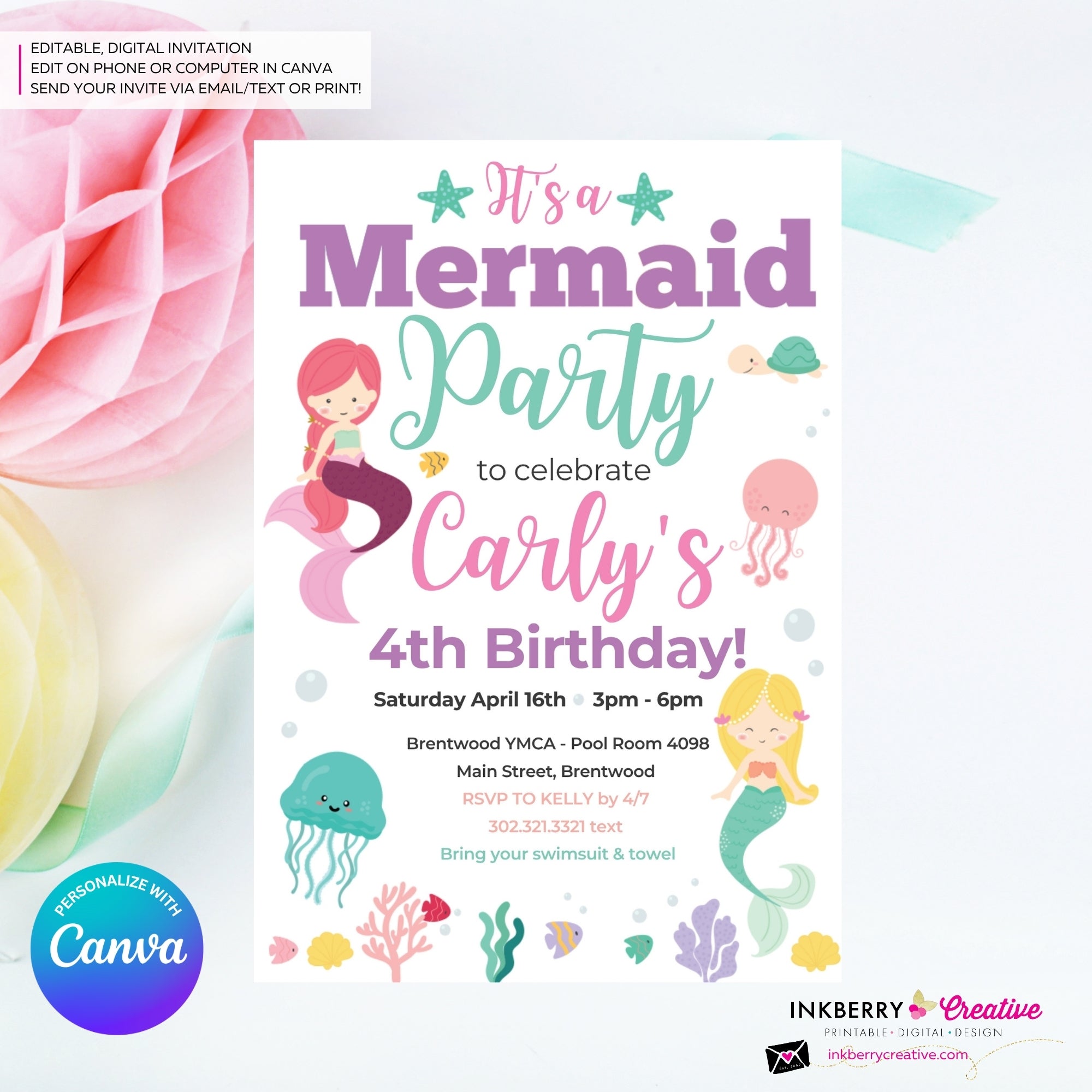 Mermaid Birthday Party Invitation, Under the Sea, Ocean, Beach, Jelly Fish, Star Fish, Shells - Printable Instant Download, Edit in Canva