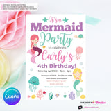 Mermaid Birthday Party Invitation, Under the Sea, Ocean, Beach, Jelly Fish, Star Fish, Shells - Printable Instant Download, Edit in Canva