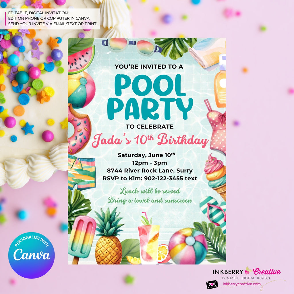 Summertime Fun Pool Party Invitation - Summer Pool Party - Printable, Instant Download, Editable in Canva