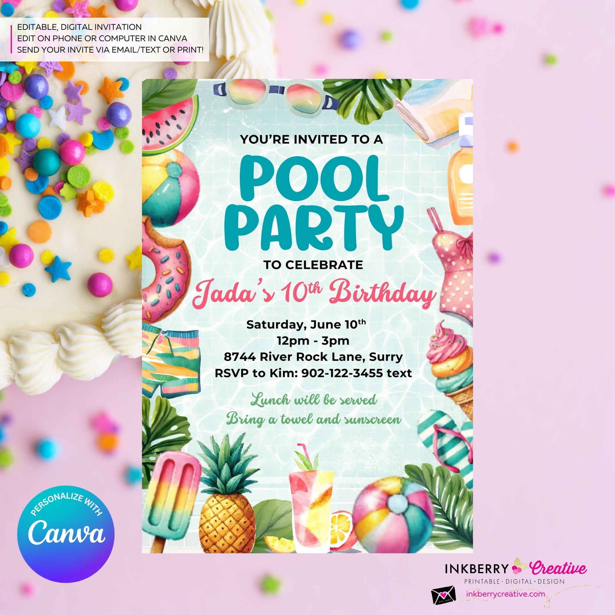 Summertime Fun Pool Party Invitation - Summer Pool Party - Printable, Instant Download, Editable in Canva