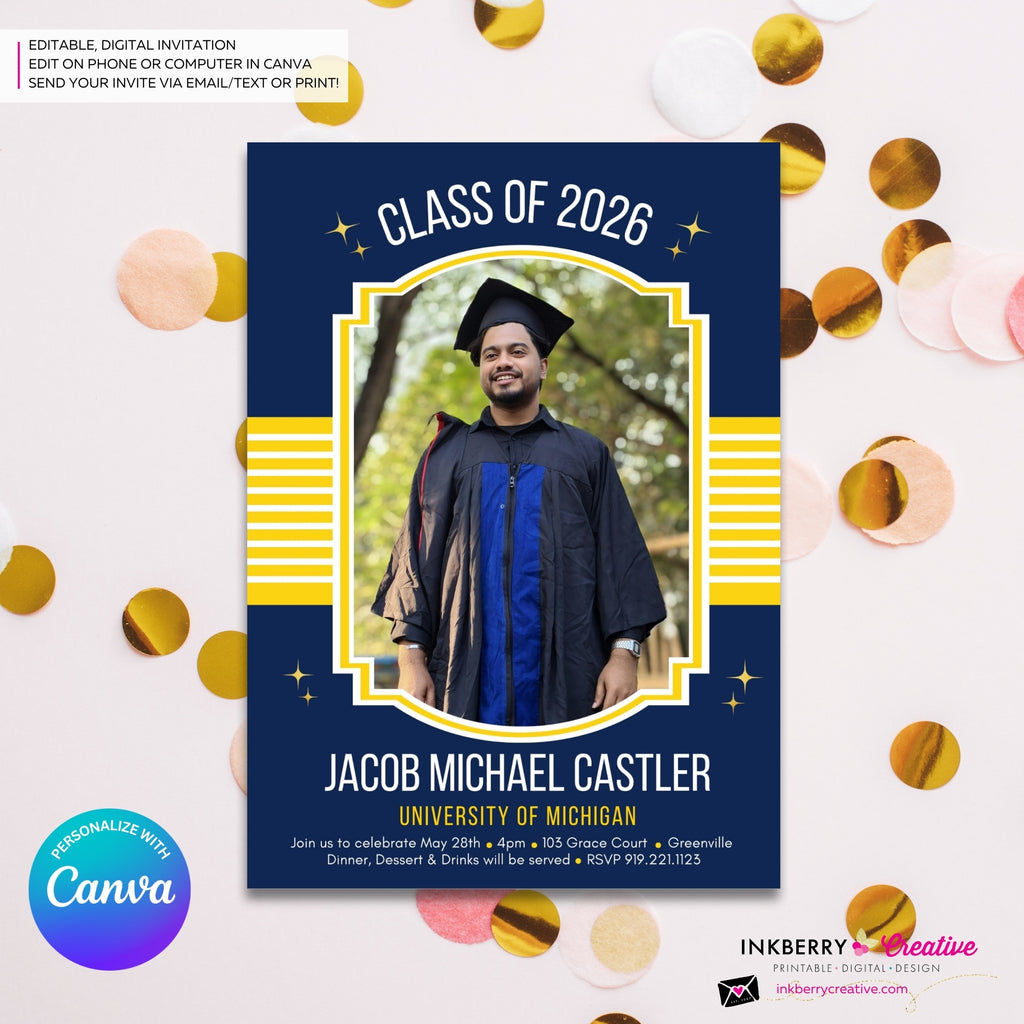 Collegiate Star - Custom Color Graduation Invitation or Announcement - Editable in Canva