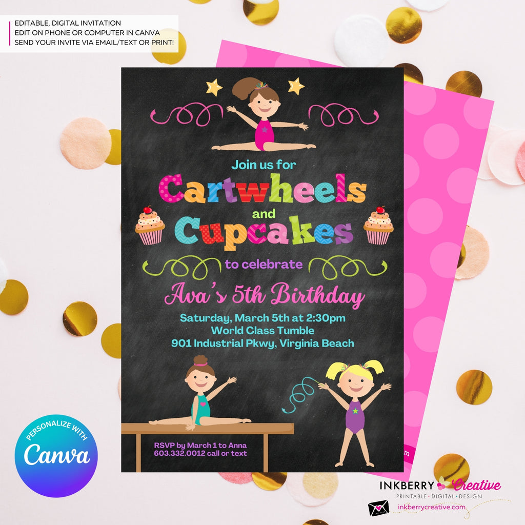 Gymnastics Party Invitation (Chalkboard) - Cartwheels and Cupcakes Gymnastics Birthday Party Invite - Printable, Instant Download, Edit in Canva