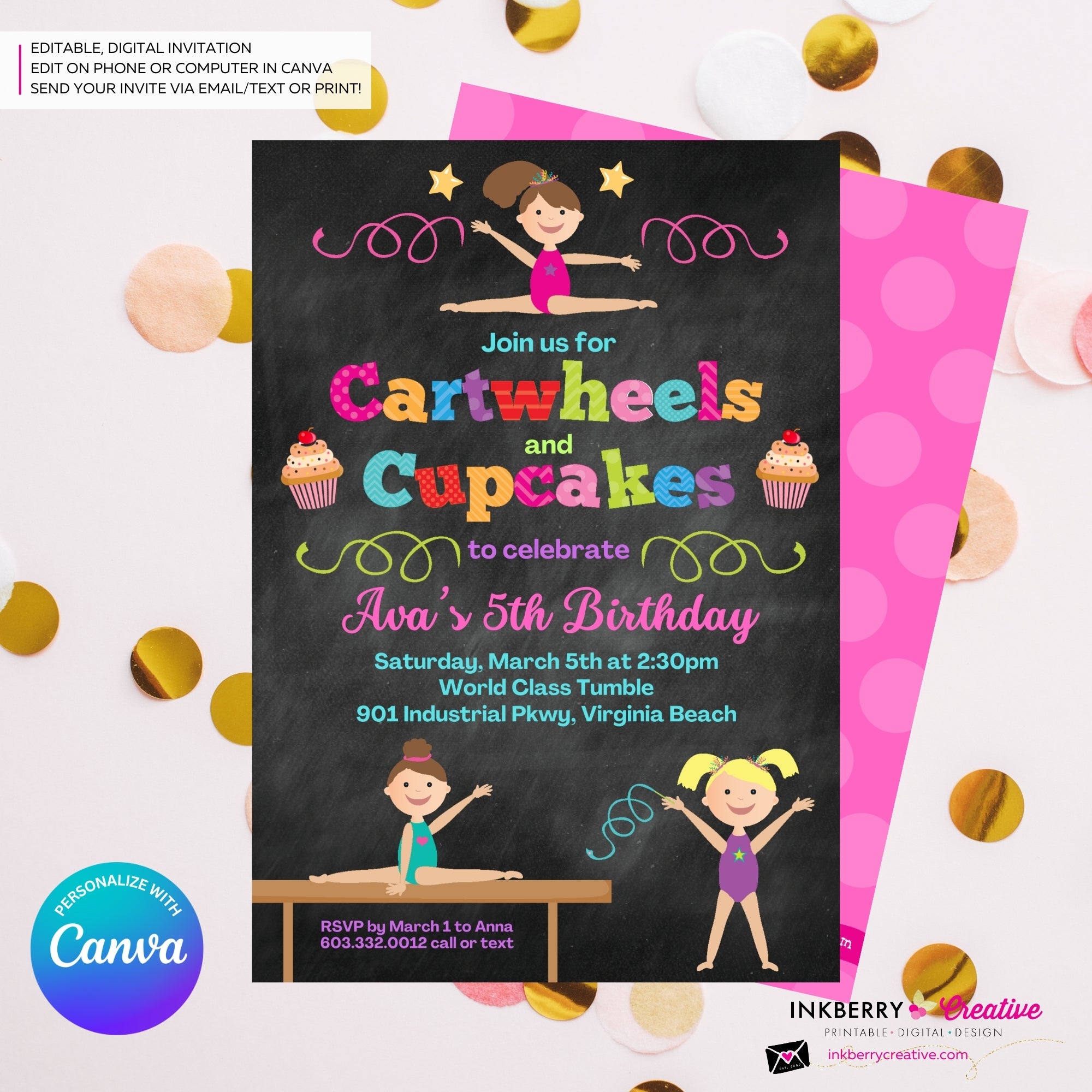 Gymnastics Party Invitation (Chalkboard) - Cartwheels and Cupcakes Gymnastics Birthday Party Invite - Printable, Instant Download, Edit in Canva