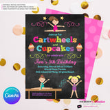 Gymnastics Party Invitation (Chalkboard) - Cartwheels and Cupcakes Gymnastics Birthday Party Invite - Printable, Instant Download, Edit in Canva