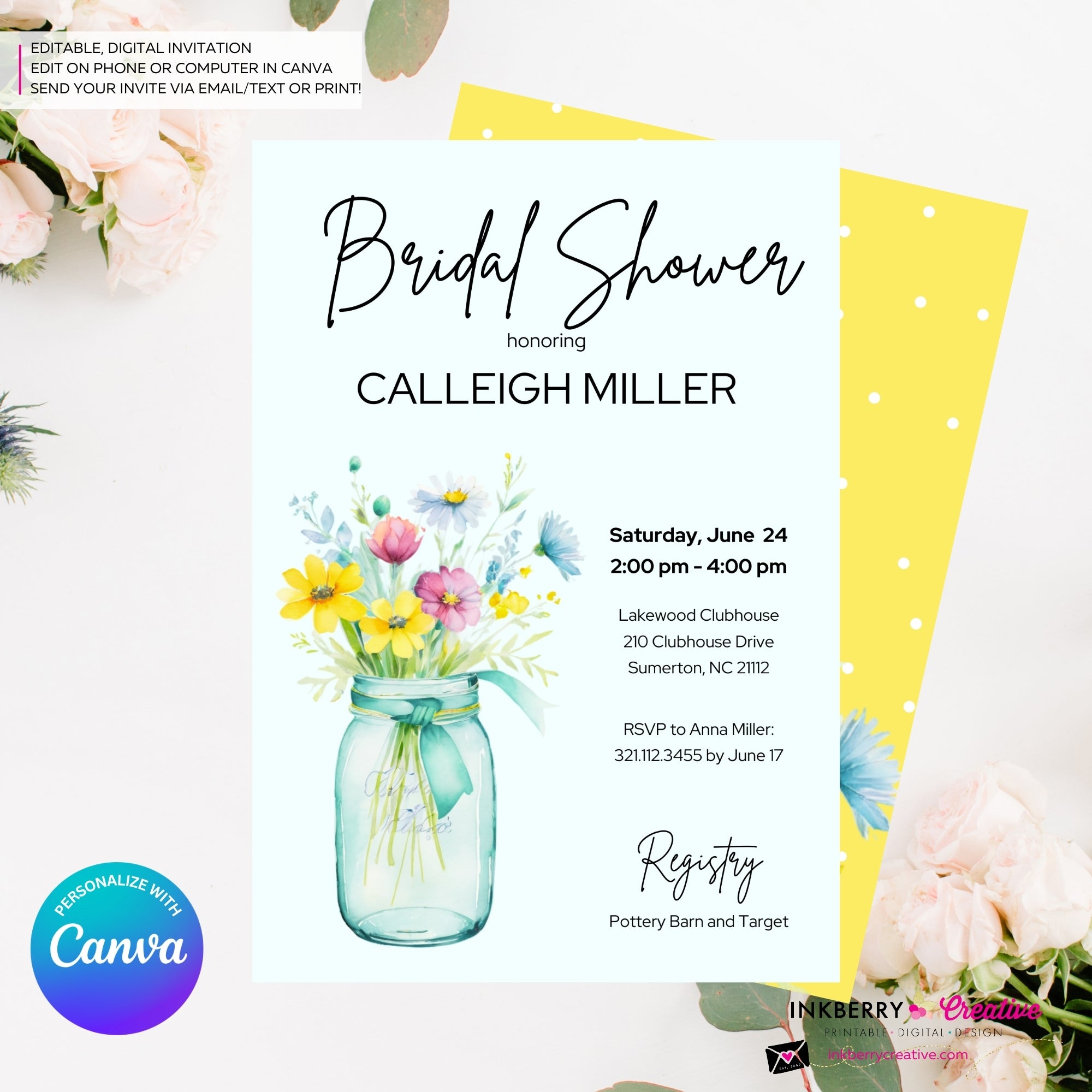 Wild Flower Mason Jar Bridal Shower Invitation, Colorful Wildflowers Floral Summer Spring Shower Invite, Digital, Edit in Canva