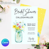 Wild Flower Mason Jar Bridal Shower Invitation, Colorful Wildflowers Floral Summer Spring Shower Invite, Digital, Edit in Canva