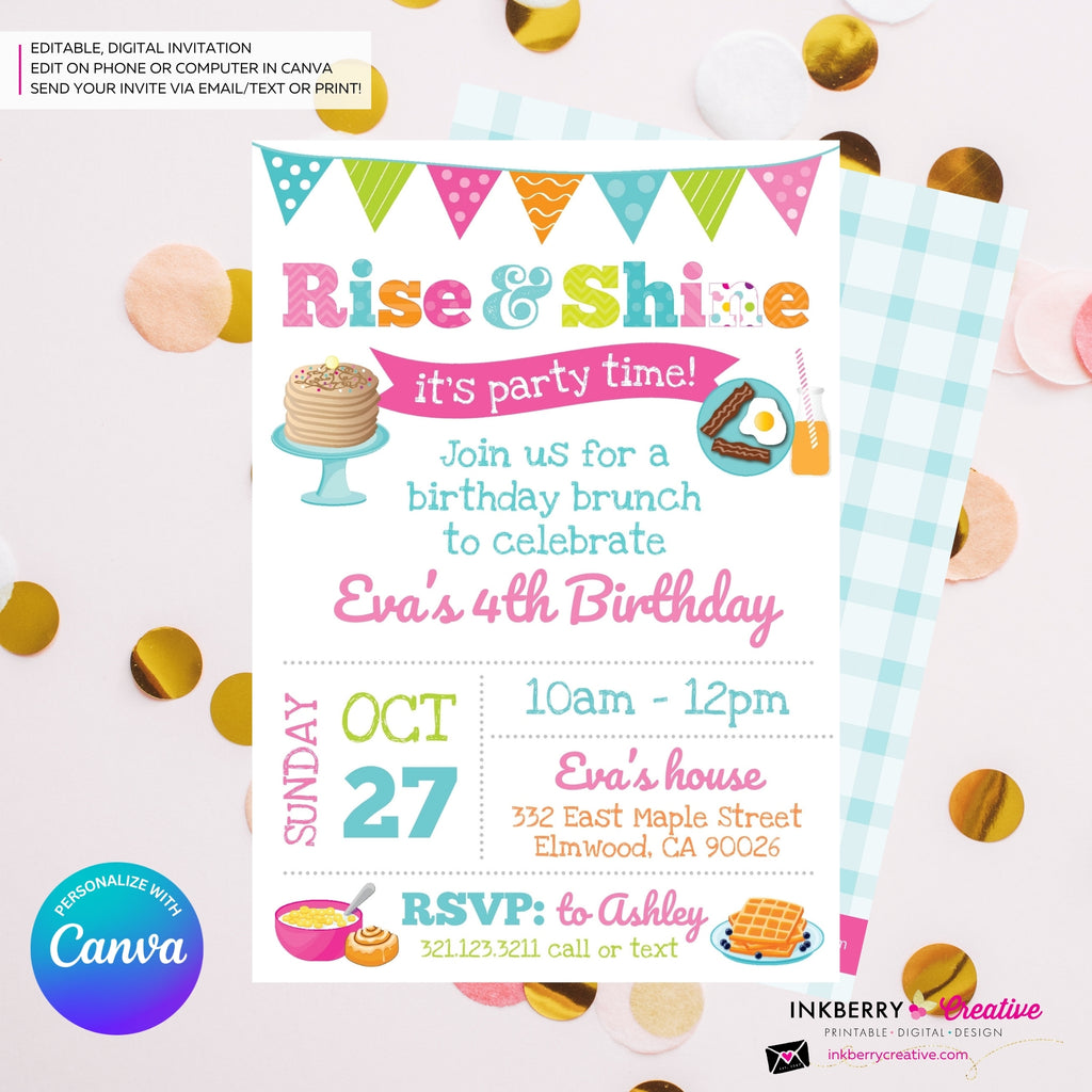 Rise and Shine Girls Birthday Breakfast Brunch Party Invitation, Pancakes, Bacon, Eggs, Waffles - Editable in Canva