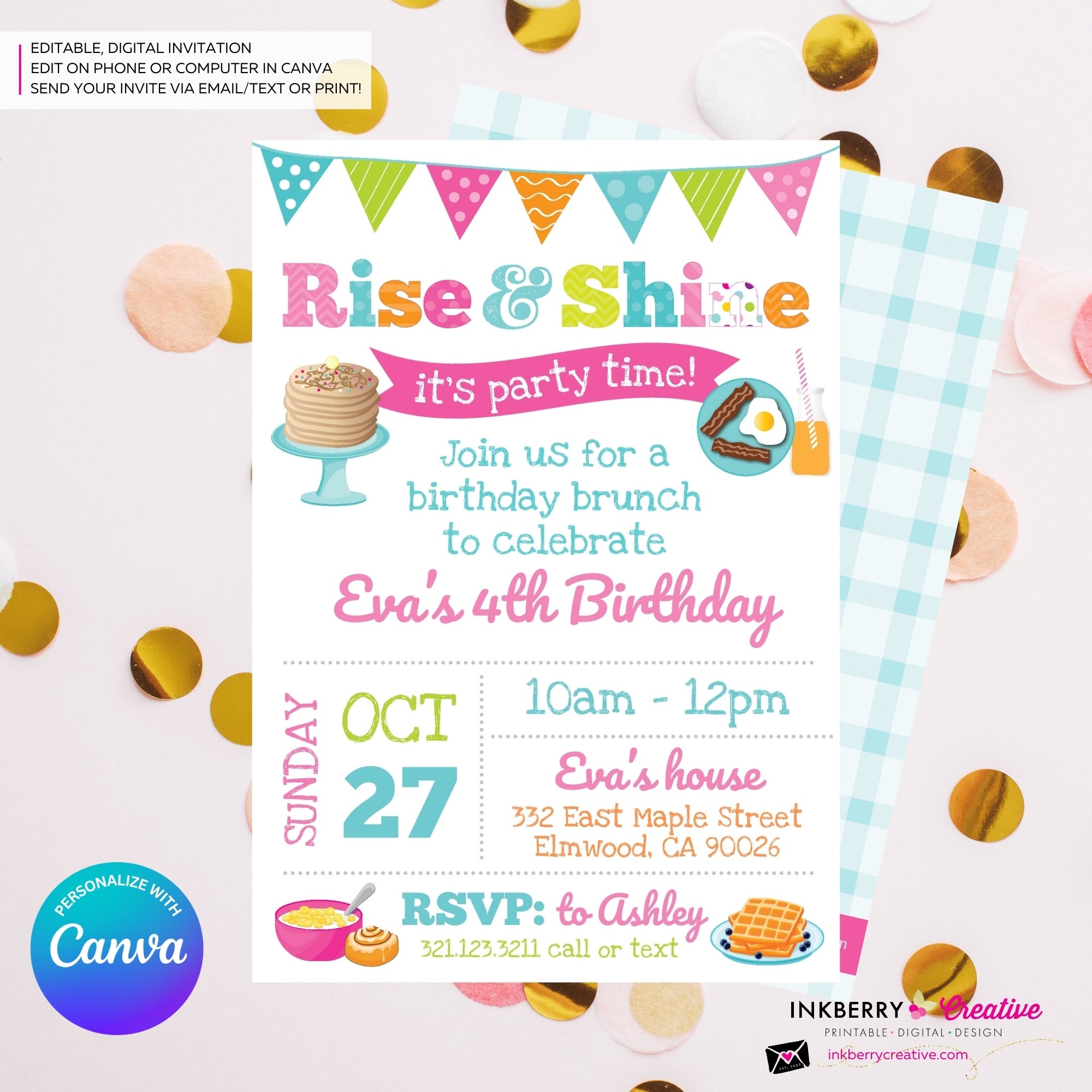Rise and Shine Girls Birthday Breakfast Brunch Party Invitation, Pancakes, Bacon, Eggs, Waffles - Editable in Canva