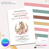 Horseback Riding Birthday Party Invitation, Watercolor, Horse, Flowers - Printable, Instant Download, Edit in Canva